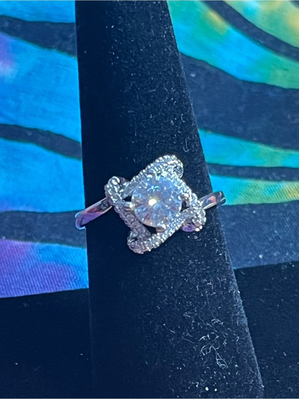 Adjustable Rhodium Plated Moissanite Basket Weave Halo Ring GRA New